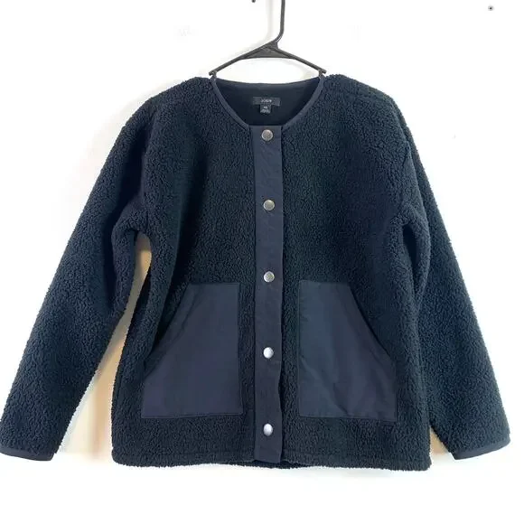 J. Crew Teddy Sherpa Snap Front Relaxed Fit Lady Jacket Black Size XS - Picture 4 of 7